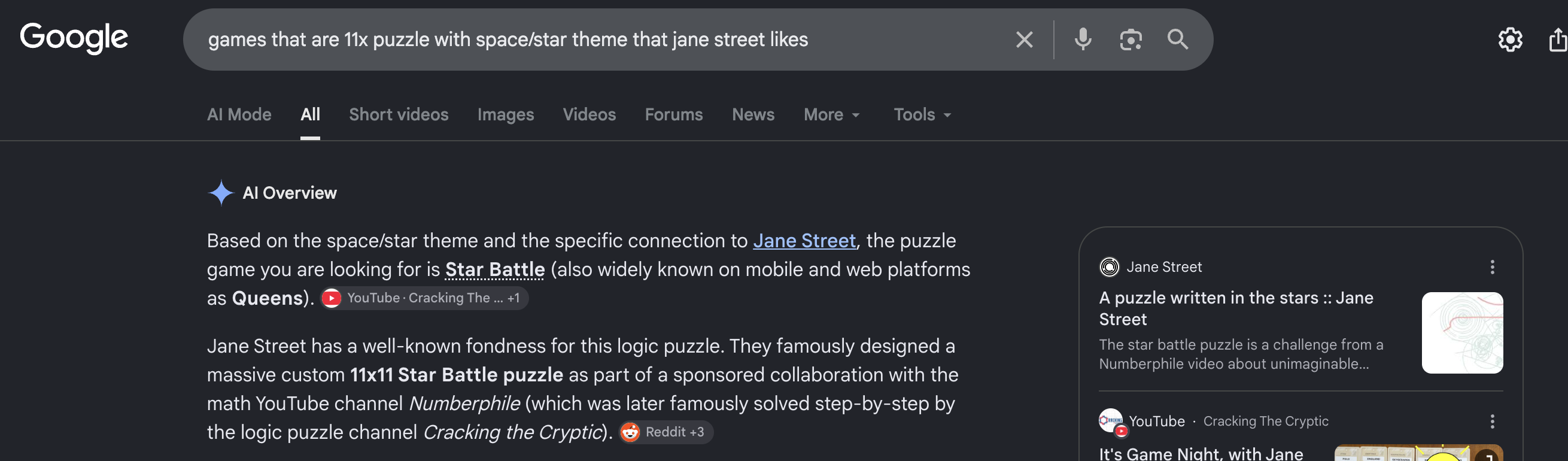 Google results for an 11 by 11 Jane Street star-themed puzzle, identifying Star Battle and Jane Street's Numberphile collaboration